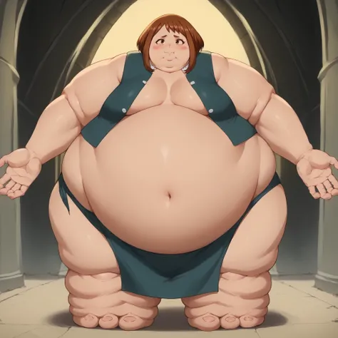 score_9, score_8_up, score_7_up, source_anime, ochakouraraka, ochako uraraka, brown eyes, brown hair, short hair, blush, blush stickers, troll, monster, giant, Fat_neck , Fat head , eyes with crushed cheeks , nose with crushed cheeks , mouth with crushed c...