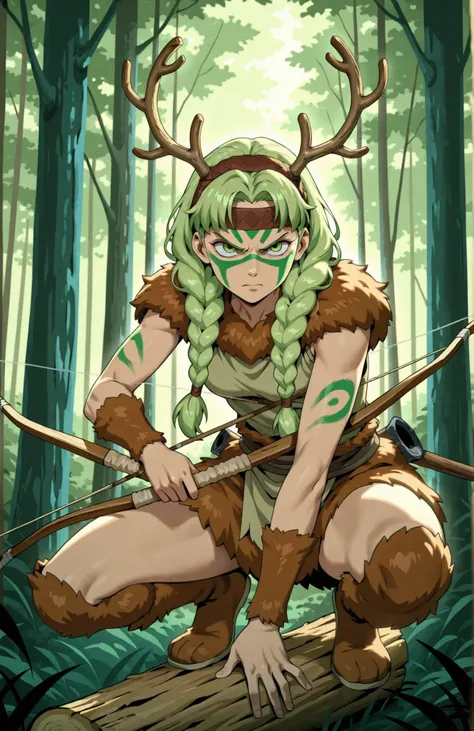 A woman with long green braided hair, fair skin, holding a wooden hunting bow, wearing animal furs and leathers, a headband with antlers, green face paint, serious expression, crouched, in a forest during the day, natural lighting, SFW, in full view in a h...
