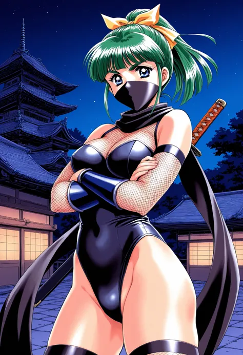 Score_9, score_8_up, score_7_up, source_anime, Iijima_Miyuki(kakyuusei), 1girl, solo, green hair, high ponytail, bangs, short hair, blue eyes, hair ribbon,Yellow ribbon, breasts, thick eyebrows, (best quality), (high quality), {masterpiece}, extremely deli...