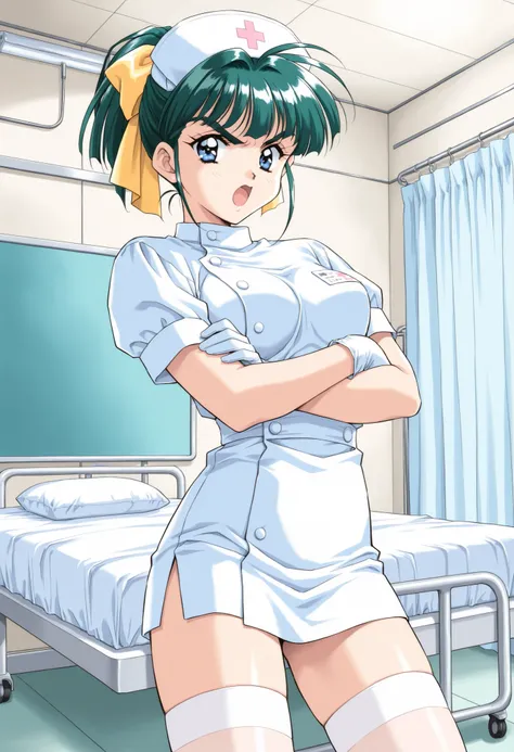 Score_9, score_8_up, score_7_up, source_anime, IijimaMiyuki, 1girl, solo, green hair, short ponytail, blue eyes, Yellow bow, hair bow, bangs, breasts,1990s (style), kadoi aya style, thick eyebrows, (best quality), (high quality), {masterpiece}, extremely d...