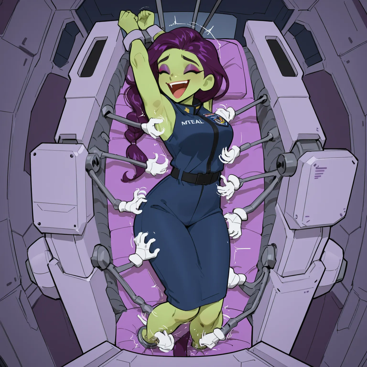 Futuristic military woman, tall girl, adult body, milf, alien babe, green skin, thicc, space navy uniform, spaceship setting, scifi military uniform, Beautiful face , long tribal braided purple hair, sexy face, In her late 30's. (Restrained inside the "aut...