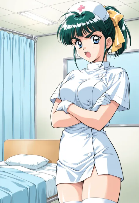 Score_9, score_8_up, score_7_up, source_anime, IijimaMiyuki, 1girl, solo, green hair, short ponytail, blue eyes, Yellow bow, hair bow, bangs, breasts,1990s (style), kadoi aya style, thick eyebrows, (best quality), (high quality), {masterpiece}, extremely d...