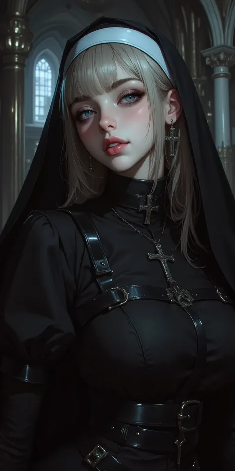 Masterpiece,extremely detailed CG, high resolution, best quality,A very young cute girl,blue eyes, (Droopy eyes,beautiful detailed eyes: 1.2), light blonde hair,(Nun's black attire that doesn't reveal skin:1.4),(Ample Busts,slenderbody:1.3),smile, upper b...