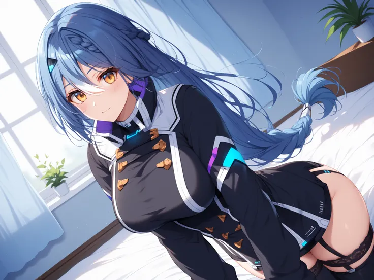 master piece、Best Quality,Super detailed,High resolution,Extremely detailed CG,Unity 8K Wallpaper,weat,score_9, score_8_up, score_7_up, score_6_up, score_5_up, score_4_up, Etra, blue hair, long hair, yellow eyes, white streaked hair, braid, hairclip,Vt_2nd...