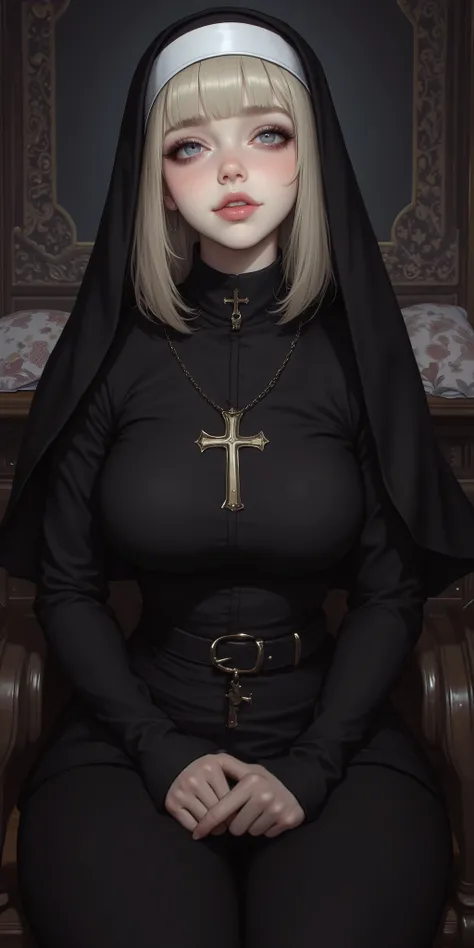 Masterpiece,extremely detailed CG, high resolution, best quality,A very young cute girl,blue eyes, (Droopy eyes,beautiful detailed eyes: 1.2), light blonde hair,(Nun's black attire that doesn't reveal skin:1.4),(Ample Busts,slenderbody:1.3),smile, upper b...
