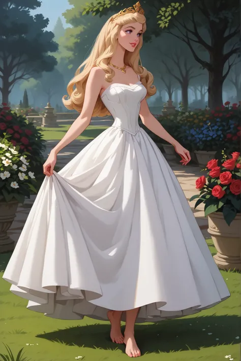 score_9, score_8_up, score_7_up, best quality, masterpiece, 4k resolution, 1girl, solo, Aurora_SB, full body, long hair, blonde hair, violet eyes, upright, elegant posture, white dress, white skirt, medium breasts, bare arms, bare feet, smooth body, clean ...