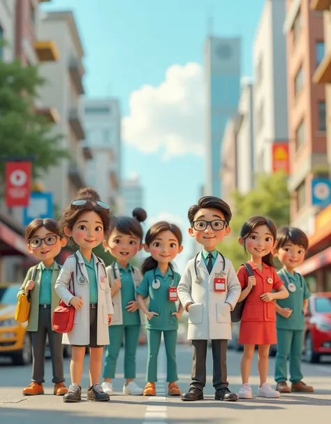"Cute realistic 3D cartoons" Doctors, flight attendants, nurses, drivers, office workers, teachers, engineers and many other professions stand in cool poses and smile happily in the big city, wide angle, sharp image, f.11 lens.