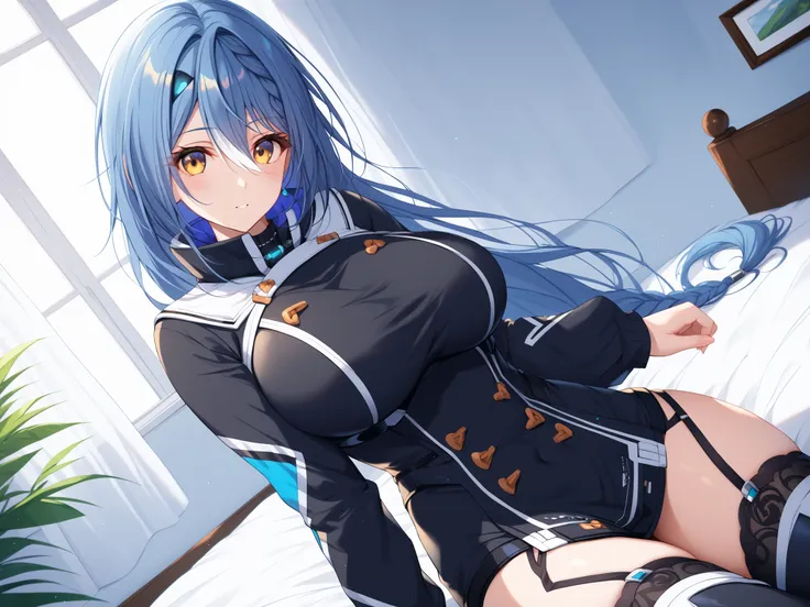 master piece、Best Quality,Super detailed,High resolution,Extremely detailed CG,Unity 8K Wallpaper,weat,score_9, score_8_up, score_7_up, score_6_up, score_5_up, score_4_up, Etra, blue hair, long hair, yellow eyes, white streaked hair, braid, hairclip,Vt_2nd...