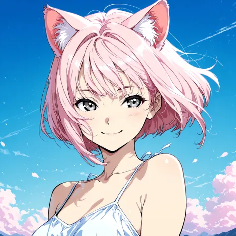 dynamic pose, half body, half profile, masterpiece, high quality, pale pink hair girl, bob tidy hair, pale pink cat ears, bluish gray eyes, anime style, adult face, cute, smiling, sky background, dress