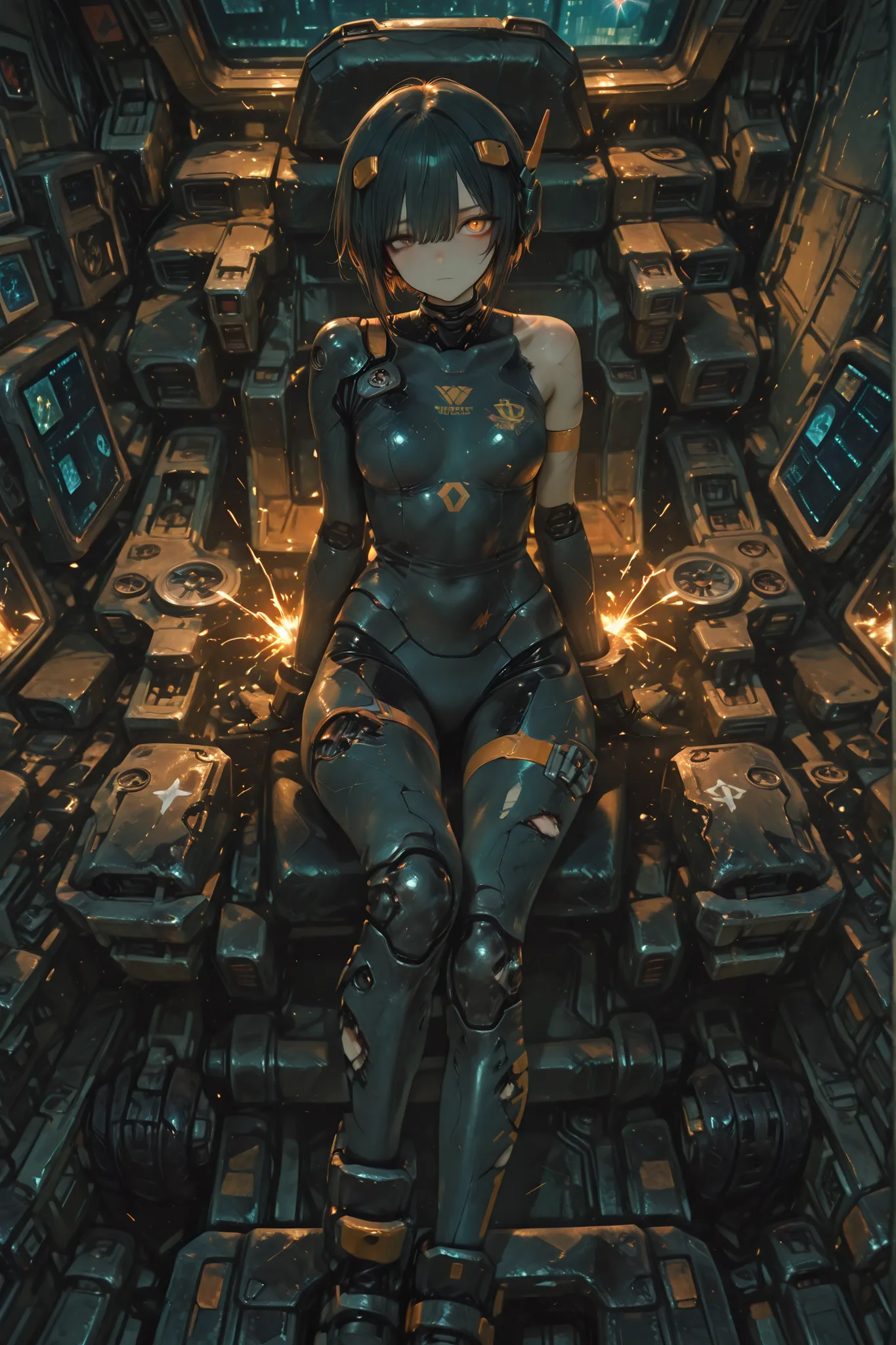 robot with damaged left shoulder、That pilot girl, One eye is also damaged、sparks are scattered in the cockpit、somehow crawls out of the cockpit、full body