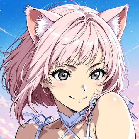 dynamic pose, half body, half profile, masterpiece, high quality, pale pink hair girl, bob tidy hair, pale pink cat ears, bluish gray eyes, anime style, adult face, cute, smiling, sky dawn background, dress