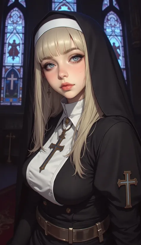 extremely detailed CG, high resolution, best quality, masterpiece, single girl,blue eyes, (beautiful detailed eyes: 1.4), light blonde hair, nun attire, thicc, blushing, (background Stained glass in the dark church),monastery,