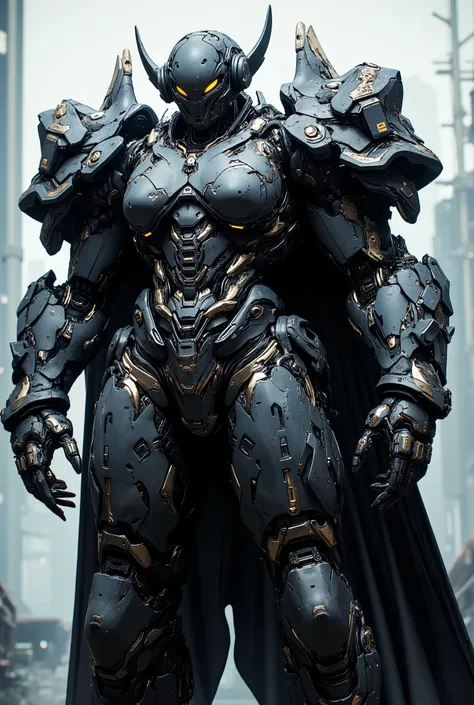 Masterpiece, best quality, tall, carapace, shell helmet over eyes, extra eyes, horn, antennae, fangs mask, cyberpunk headphones, big breast, shell state, shell armor, white armor, full body armor, cape, closed wings, Platinum accents, yellow eyes, black sc...