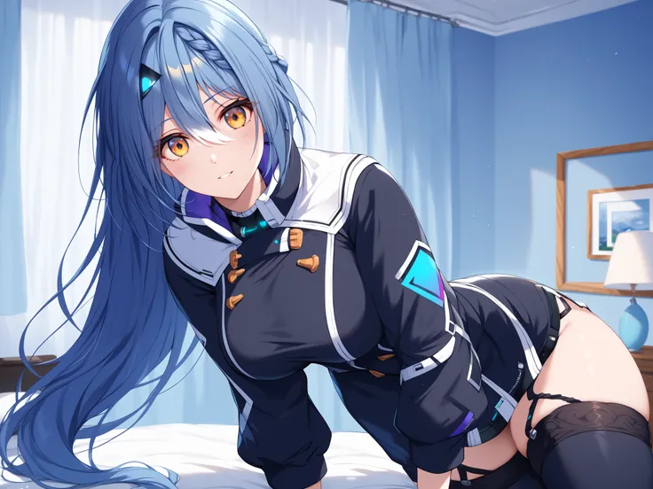 master piece、Best Quality,Super detailed,High resolution,Extremely detailed CG,Unity 8K Wallpaper,weat,score_9, score_8_up, score_7_up, score_6_up, score_5_up, score_4_up, Etra, blue hair, long hair, yellow eyes, white streaked hair, braid, hairclip,Vt_2nd...