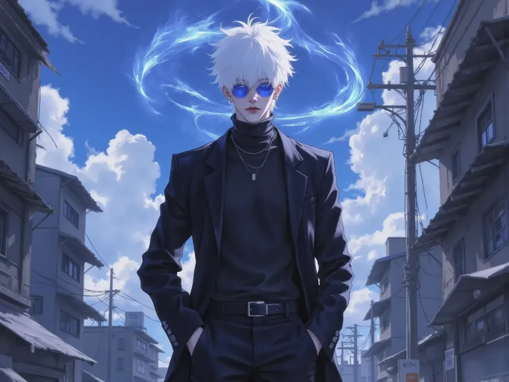 ((점수_9,점수_8_위로)), GOJO SATURO, Portrait of Gojo Satoru from "Jujutsu Kaisen", upper body only, facing forward with a calm and confident expression. White hair, blue sunglasses, wearing a high-collared black uniform. anime style, detailed lighting, soft sha...