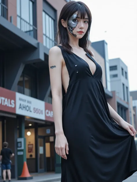4K raw photo, ultra-realistic, a Japanese female robot with exposed internal mechanisms, extensively torn casual spring dress revealing prominent sleek robotic components blended with smooth human-like skin with a soft glow at her chest, subtly alluring, a...