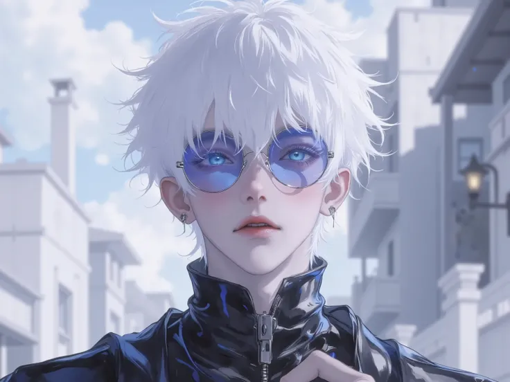 ((점수_9,점수_8_위로)), GOJO SATURO, Portrait of Gojo Satoru from "Jujutsu Kaisen", upper body only, facing forward with a calm and confident expression. White hair, blue sunglasses, wearing a high-collared black uniform. anime style, detailed lighting, soft sha...