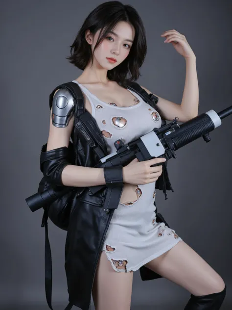 4K raw photo, ultra-realistic, a Japanese female robot with exposed internal mechanisms, damaged and torn casual spring dress revealing a mix of sleek robotic components and smooth human-like skin with a soft glow at her chest, subtly alluring, carefully c...