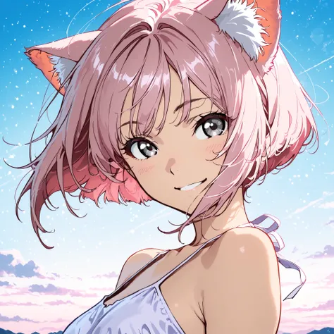 dynamic pose, half body, half profile, masterpiece, high quality, pale pink hair girl, bob tidy hair, pale pink cat ears, bluish gray eyes, anime style, adult face, cute, smiling, sky background, dress
