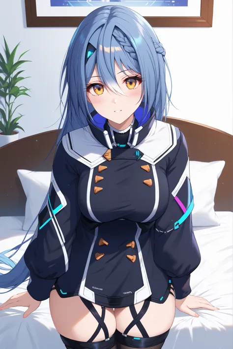 masterpiece,best quality, amazing quality, highres, absurdres, very aesthetic, high resolution, ultra detailed, perfect details,score_9, score_8_up, score_7_up, score_6_up, score_5_up, score_4_up, Etra, blue hair, long hair, yellow eyes, white streaked hai...