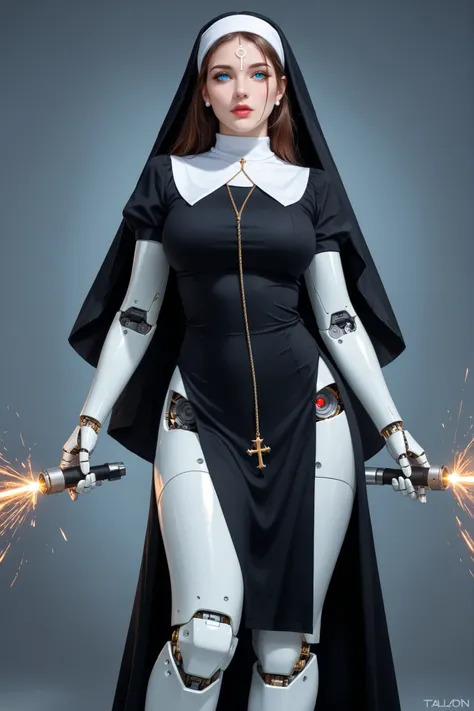 a beautiful A female robot with hyper-massive wearing a lace nun's habit, ultra realistic.A female robot.glowing eyes like camera lenses, mechanical eyes,A cable is connected to the back of her head.She has milk-colored skin, machine hands, machine arms, ...