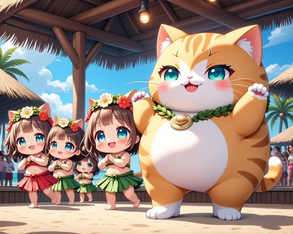 (ultra-detailed animated chibi anime), best quality, clear focus, dramatic scene, cinematic, (ultra-high resolution), perfect anatomy, perfect face, (detailed face), (detailed eyes), (chibi), there are row of girls\(chibi, famous Japanese chibi idol girl, hula dancer, very beautiful and cute but cool face, wearing a traditional Hawaiian outfit, medium breasts\) and cute giant fat cat\(male cat but hula dancer, wearing a traditional Hawaiian outfit, coconut shell bra, adorable giant fat cat, cute, mewing, happy, smile, detailed, detailed eyes\), (row of hula dancer girls and her giant chubby cat are dancing gracefully), on a special stage above the beach, special hula dance show on the decorated stage with professional lighting, surrounded by palm trees, capturing the essence of Hawaii