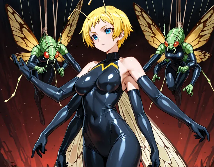 Yar, Yars' Revenge, an anime girl with blonde hair, very short hair, antennae hanging from back of head, insect wings, four arms, 4arm, wearing a skin tight suit, bare shoulders, sleeves