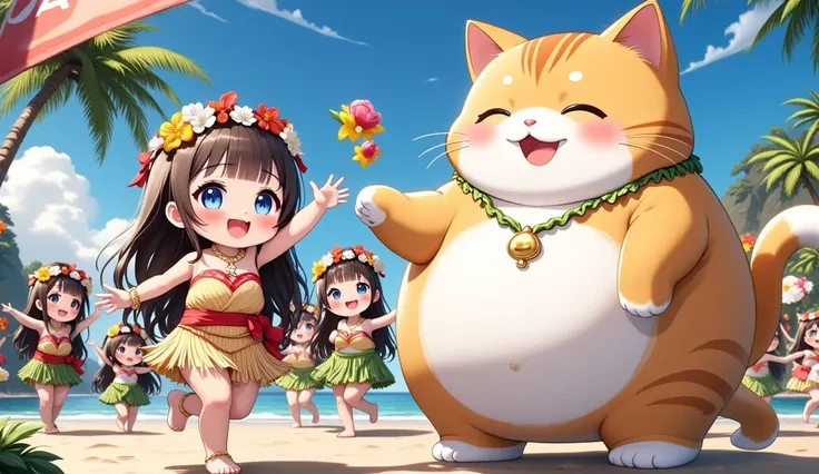 (ultra-detailed animated chibi anime), best quality, clear focus, dramatic scene, cinematic, (ultra-high resolution), perfect anatomy, perfect face, (detailed face), (detailed eyes), (chibi), there are row of girls\(chibi, famous Japanese chibi idol girl, hula dancer, very beautiful and cute but cool face, wearing a traditional Hawaiian outfit, medium breasts\) and cute giant fat cat\(male cat but hula dancer, wearing a traditional Hawaiian outfit, coconut shell bra, adorable giant fat cat, cute, mewing, happy, smile, detailed, detailed eyes\), (row of hula dancer girls and her giant chubby cat are dancing gracefully), on a special stage above the beach, special hula dance show on the decorated stage with professional lighting, surrounded by palm trees, capturing the essence of Hawaii