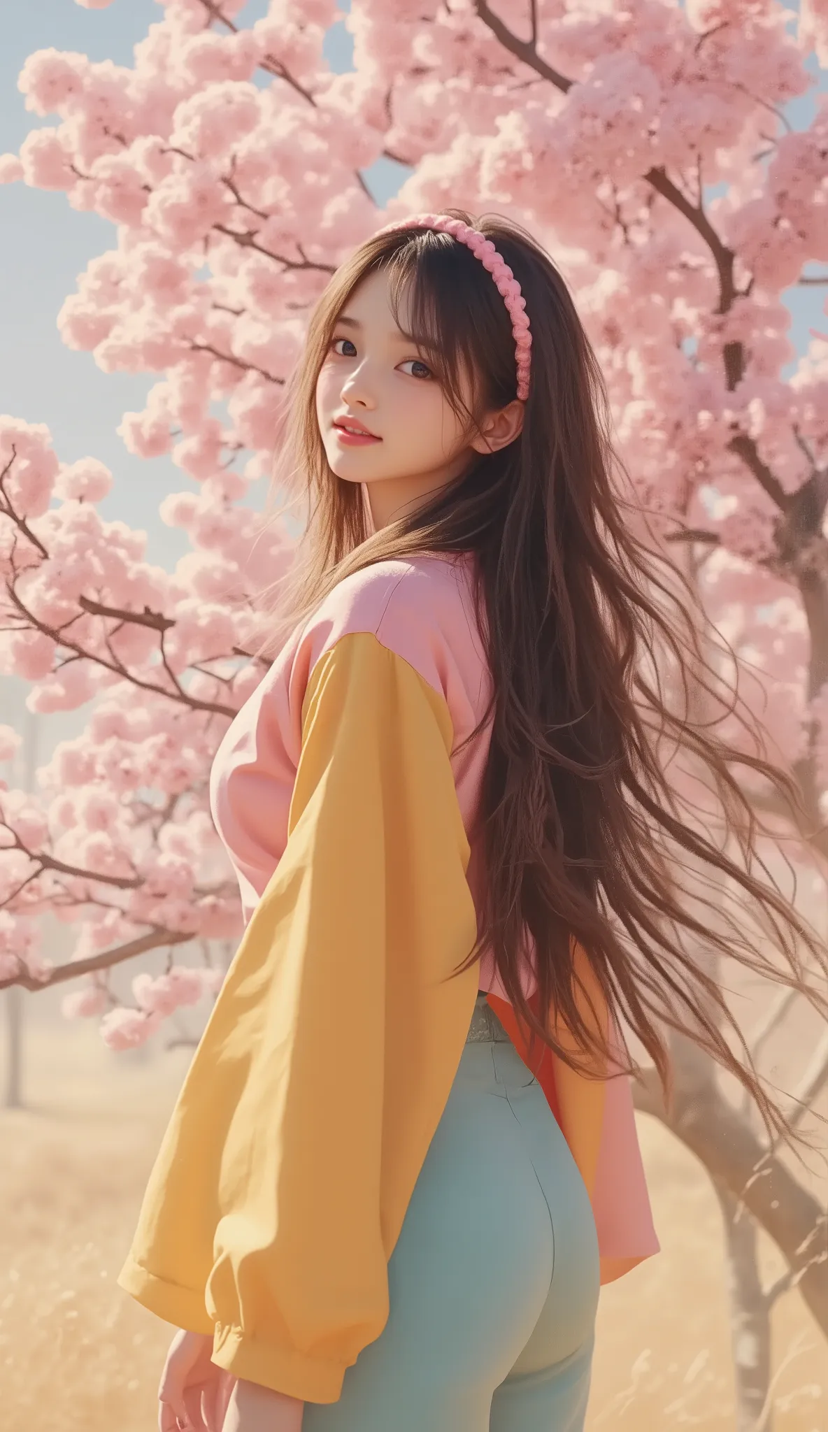 Impressionist Style , pointillism , wears long flowing hair with a soft scattered texture , グレーのジャケットを着た落ち着いたpastel color , 1 girl , female, alone, Young Adults, medium hair length, soft wave, Hair, pink highlights in hair, dark brown eye color , ...