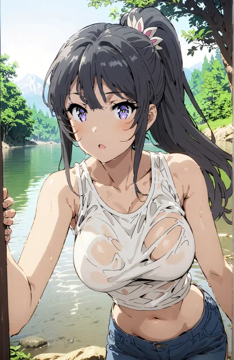 score_9, score_8_up, score_7_up, source_anime,
household, 
Mai Sakurajima, Bang, black hair, hair ornament, purple eyes in gla,side lock with s2 co,ponytail,Big Breasts,tank top,tank topの裾を縛る,belly button out,denim micro shorts,see through,wet hair,wet clo...