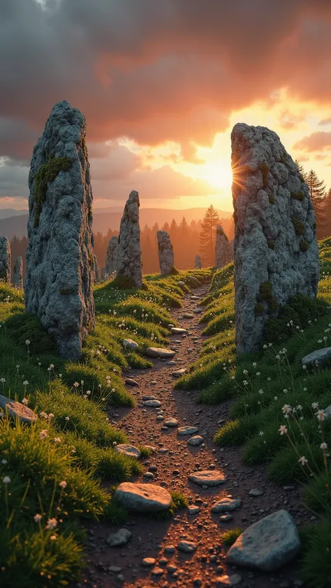 ancient stone circle perched atop a rolling verdant hill, moss-covered monoliths arranged in rough circular alignment with weathered surfaces etched by centuries, golden hour sunlight breaking through dramatic cloudbank gaps, casting warm amber and copper rays across lichen-dotted stone faces, soft shafts of light creating volumetric beams that illuminate tufts of emerald grass and ferns growing between cobbles, a narrow winding dirt path edged by wildflowers and creeping ivy leading into the circle, distant forest silhouette beneath a brooding sky streaked with magenta and slate gray clouds, subtle reflections of glowing sky on damp ground puddles, ultra detailed textures of crumbling granite, rough moss fibers, and dewy vegetation, photorealistic rendering in 8K resolution with cinematic composition emphasizing depth and symmetry, shallow depth of field focusing on foreground stones and path while softly blurring distant treeline, delicate lens flares and fine dust motes drifting in light beams, harmonious color palette blending warm sunset oranges with cool forest greens and stormy blues, high fidelity environmental art, ray-traced lighting and ambient occlusion providing realistic shadow interplay, slight vignette framing edges to draw focus inward, serene atmospheric mood evoking ancient mystery and tranquil solitude  