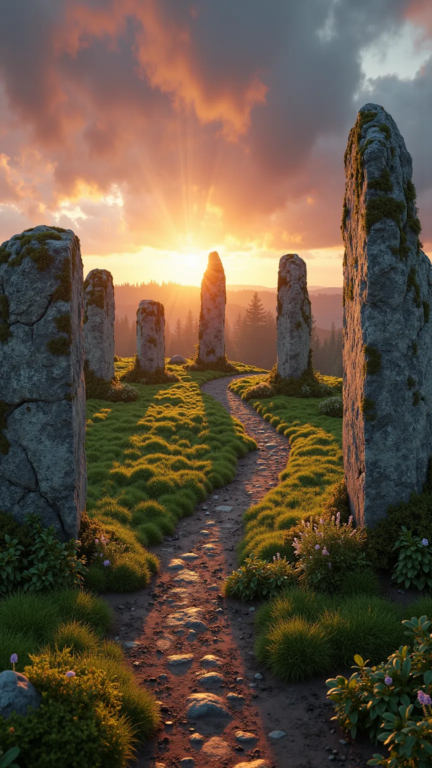 ancient stone circle perched atop a rolling verdant hill, moss-covered monoliths arranged in rough circular alignment with weathered surfaces etched by centuries, golden hour sunlight breaking through dramatic cloudbank gaps, casting warm amber and copper rays across lichen-dotted stone faces, soft shafts of light creating volumetric beams that illuminate tufts of emerald grass and ferns growing between cobbles, a narrow winding dirt path edged by wildflowers and creeping ivy leading into the circle, distant forest silhouette beneath a brooding sky streaked with magenta and slate gray clouds, subtle reflections of glowing sky on damp ground puddles, ultra detailed textures of crumbling granite, rough moss fibers, and dewy vegetation, photorealistic rendering in 8K resolution with cinematic composition emphasizing depth and symmetry, shallow depth of field focusing on foreground stones and path while softly blurring distant treeline, delicate lens flares and fine dust motes drifting in light beams, harmonious color palette blending warm sunset oranges with cool forest greens and stormy blues, high fidelity environmental art, ray-traced lighting and ambient occlusion providing realistic shadow interplay, slight vignette framing edges to draw focus inward, serene atmospheric mood evoking ancient mystery and tranquil solitude  