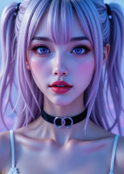 ung woman in anime style、Realistic Girl. white gothic ta 、Her lips are red, and she's wearing a black choker with a metal ring in the center,silver gold hair with twin tails、 soft white neon lighting, blue and purple reflected on her face, in the center of...