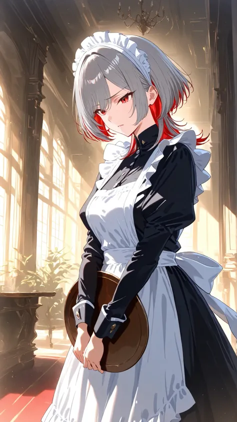 anime, masterpiece, best quality, 4K, full-body, solo, mature atmosphere, 
wolf-cut hairstyle, gray hair with red highlights and red inner color, sharp eyes, calm expression, 
classic black and white maid outfit with frilly apron and headband, 
holding a t...