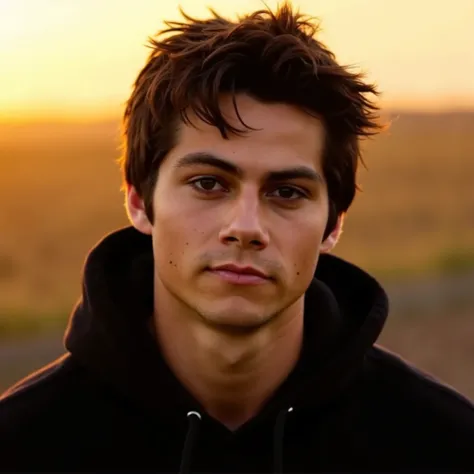 A photo of an attractive young man with messy dark brown hair and fair skin standing outdoors at sunset. He has deep, intense dark eyes and a serious, calm expression. He is wearing a black hoodie and looking slightly to the side. The background shows a go...
