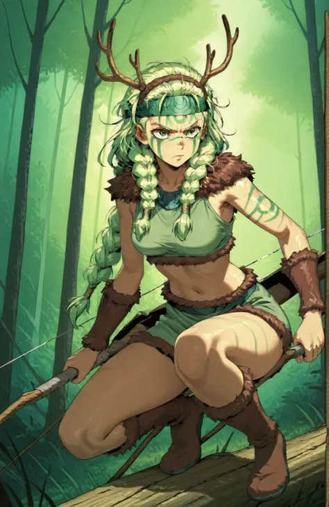 A woman with long green braided hair, fair skin, holding a large wooden hunting bow, wearing animal furs and leathers, a headband with antlers, green face paint, bare midriff, serious expression, crouched, in a forest during the day, natural lighting, SFW,...