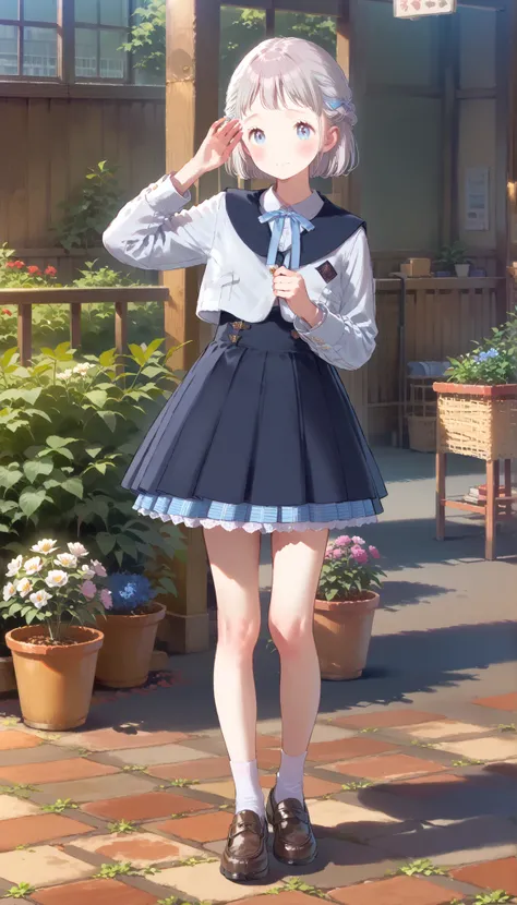 1 girl on break day,  Poses shyly waving hands,portrait photography: Ashley,   high athletic  , sailor collar,neck ribbon, white shirts,layered skirt,high waist skirt,White Sox,loafers,  volume lighting, Highest Quality, artwork for drawing, Interlocking  ...