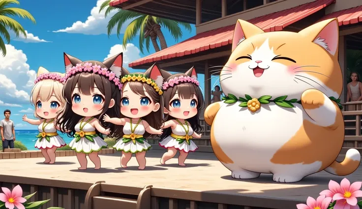 (ultra-detailed animated chibi anime), best quality, clear focus, dramatic scene, cinematic, (ultra-high resolution), perfect anatomy, perfect face, (detailed face), (detailed eyes), (chibi), there are row of girls\(chibi, famous Japanese chibi idol girl, hula dancer, very beautiful and cute but cool face, wearing a traditional Hawaiian outfit, medium breasts\) and cute giant fat cat\(male cat but hula dancer, wearing a traditional Hawaiian outfit, coconut shell bra, adorable giant fat cat, cute, mewing, happy, smile, detailed, detailed eyes\), (row of hula dancer girls and her giant chubby cat are dancing gracefully), on a special stage above the beach, special hula dance show on the decorated stage with professional lighting, surrounded by palm trees, capturing the essence of Hawaii