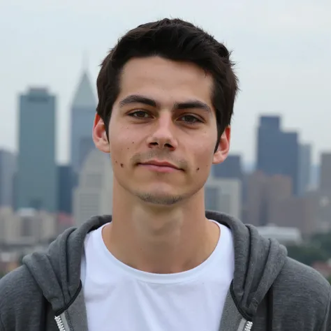 A 25-year-old young man with dark hair and warm brown eyes. He has a lightly tanned complexion and a subtle five o’clock shadow. Wearing a casual gray hoodie over a fitted white T-shirt, he radiates a relaxed, modern vibe. The image is a headshot with a bl...