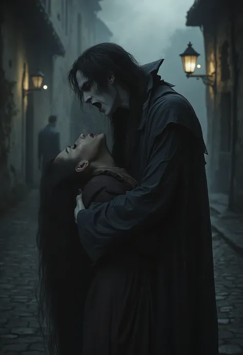 a young vampire with long hair in medieval times biting the neck of a woman. Darkness and haze in the city of ancient France