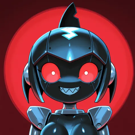 2d, Minus8, robot girl, shark icon, beautiful, female, red eyes, front face, grin, wide fov, teeth, dark bright red background.