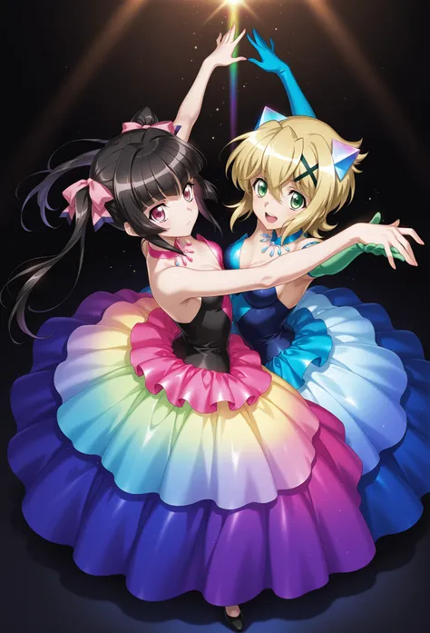 ( 2 girls),symphogear,Akatsuki Kirika, Tsukuyomi Shirabe, black background,colorful, vibrant, Shining Contours ,neon,colorful,official art,viewer, ballroom dancing,Light Powder,((neon hair)),Rainbow gradient:1.2, film lighting,BREAK
masterpiece, very aesth...