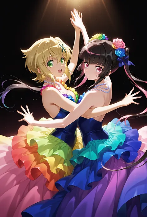 ( 2 girls),symphogear,Akatsuki Kirika, Tsukuyomi Shirabe, black background,colorful, vibrant, Shining Contours ,neon,colorful,official art,viewer, (ballroom dancing),Light Powder,neon hair,Rainbow gradient, film lighting,BREAK
masterpiece, very aesthetic,4...