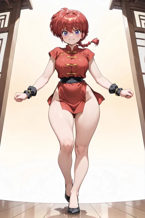 (Alone :1.3),a girl\(ranma, the main character of the anime\(ranma1/2\),beautiful,sexy,  braided red hair, ojos rojos, Chinese red micro clothing, smiling, ranma saotome,  braid, red hair, single  braid,  braided ponytail, ojos rojos, micro tangzhuang,  dy...
