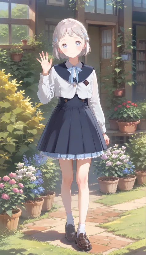 1 girl on break day,  Poses shyly waving hands,portrait photography: Ashley,   high athletic  , sailor collar,neck ribbon, white shirts,layered skirt,high waist skirt,White Sox,loafers,  volume lighting, Highest Quality, artwork for drawing, Interlocking  ...