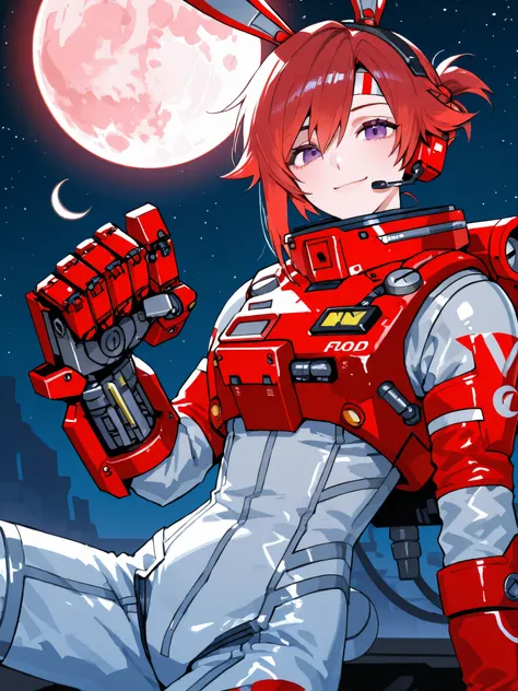 sci-fi worldview、slim spacesuit 、rabbit ears、 Hachimaki with a crescent moon drawn on it、red mullet hairstyle woman 、big moon behind it 、Mechanical punch、 cool、headset、 Smile