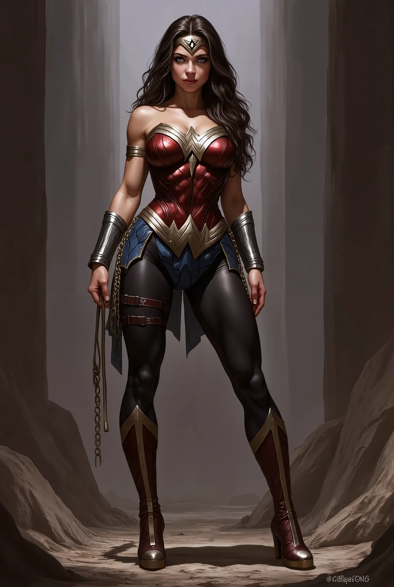 escape full body visible from head to toe head visible feet Wonder Women ; . dark version . masterpiece .. high quality . principal . Boris Valeho style .