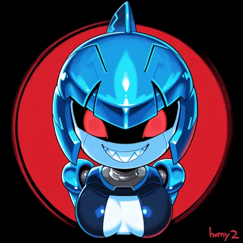 2d, Minus8, robot girl, shark icon, beautiful, female, cute, vibrant, blue metal, cyan metal, horny, lewd, red eyes, front face, grin, very-wide fov, teeth, dark bright red background.