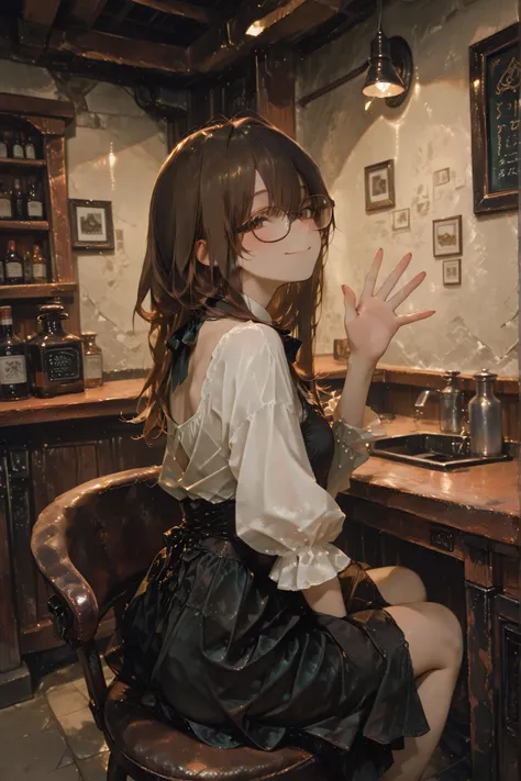 (girl:1.5), (In a rough dress:0.8), face facing here,smile,waving hands,in the basement,
back seat of the bar counter, (is sitting:0.8),There is one bartender around and he polishes glasses,Slightly dimly lit indoors,Highest Quality, masterpiece, Extremel...