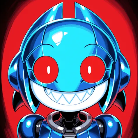 2d, Minus8, robot girl, machine, mechanical, shark icon, beautiful, female, cute, vibrant, blue metal, cyan metal, horny, lewd, red eyes, front face, grin, very-wide fov, teeth, dark bright red background.